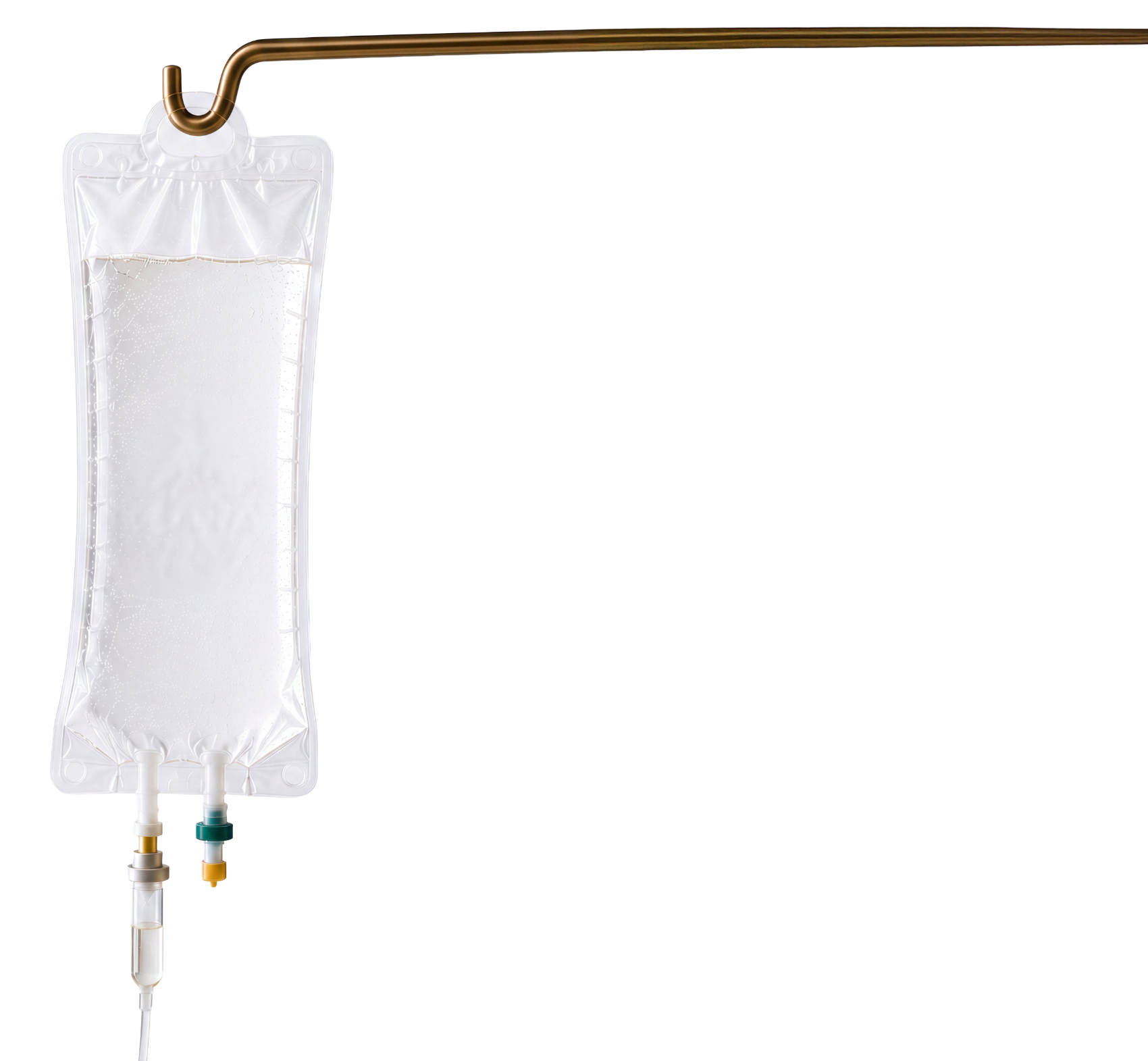 A hanging IV infusion bag of clear hydration fluid, its metal stand arm extending to the right